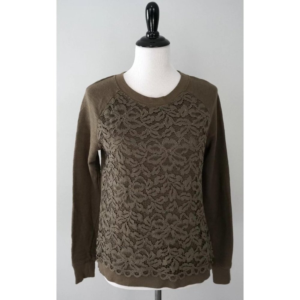 ANN TAYLOR LOFT Green Brown Lace Floral Long Sleeve Top Shirt Size Small